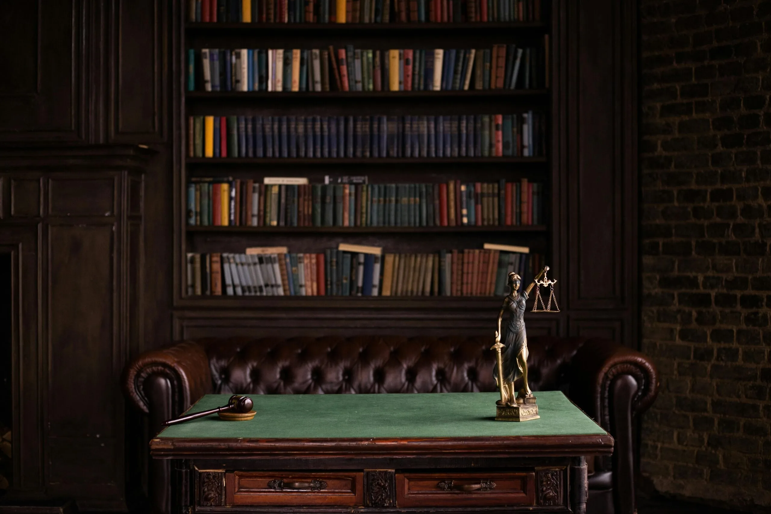 Law firm office with legal books, a gavel, and desk representing professional legal operations